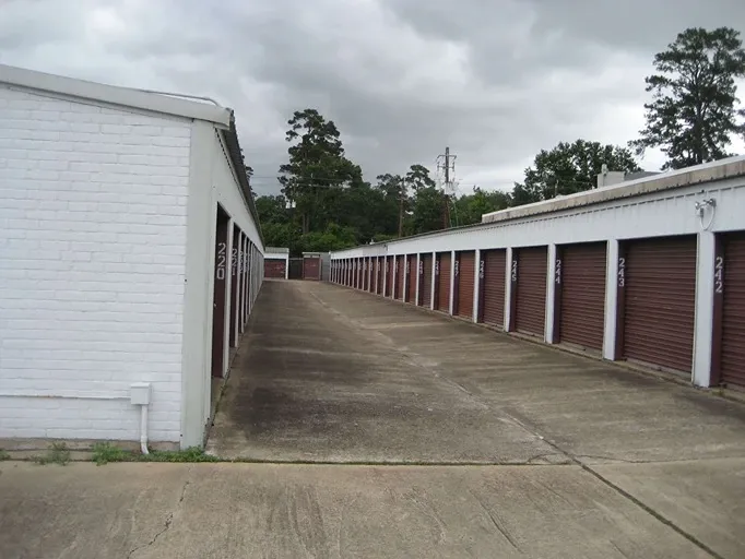 row of self storage units with drive up