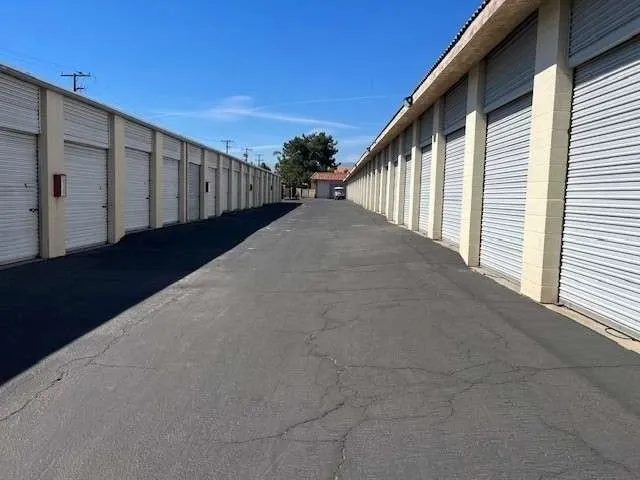 row of self storage units with drive up