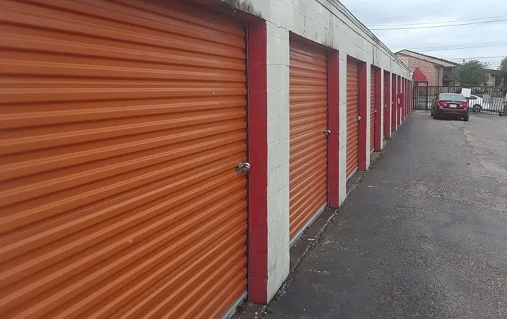row of self storage units with drive up access