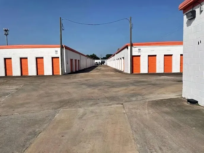 row of self storage units with drive up