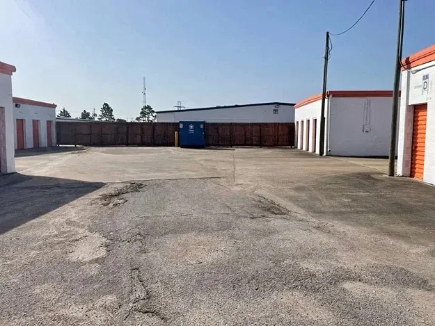 row of self storage units with drive up