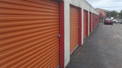 row of self storage units with drive up access