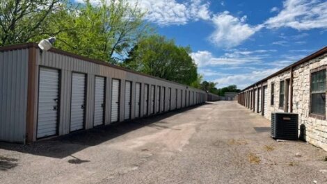 row of self storage units with drive up