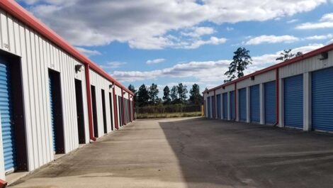 row of self storage units with drive up