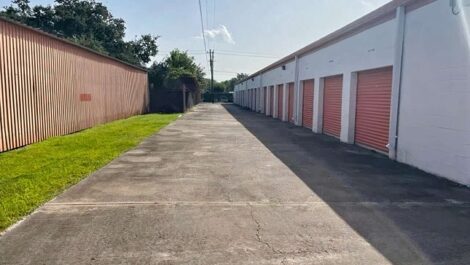 row of self storage units with drive up