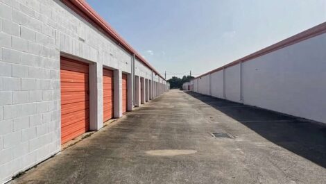 row of self storage units with drive up